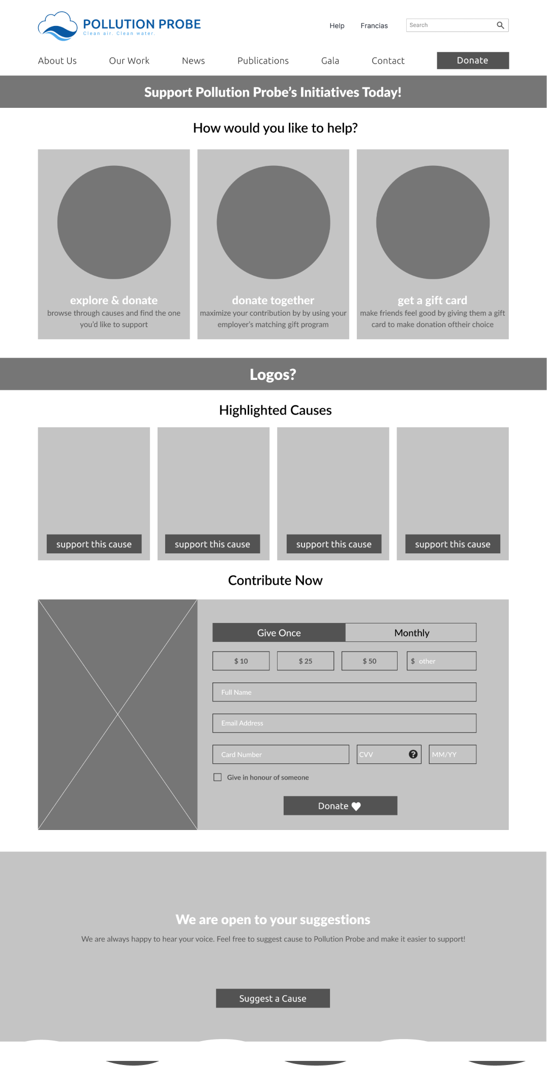 Lo-fi donation page wireframe